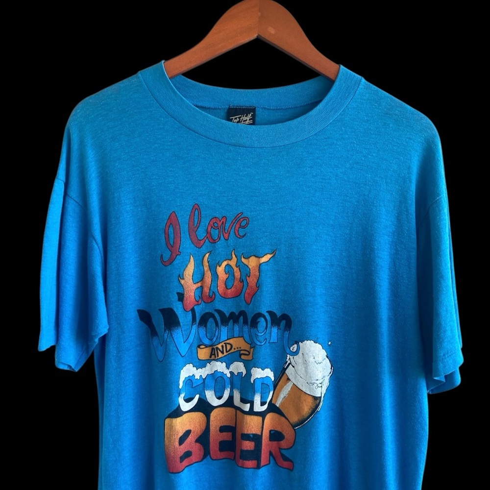 Vintage 80s Humor Art Tee Hot Women And Cold Beer VTG Top Half USA Single Stitch